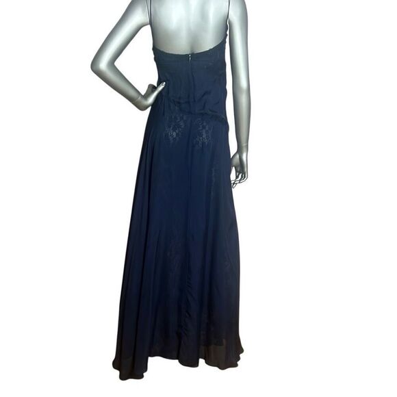 Meghan Silk Lace-Trim Dark Blue  Gown Dress 4 (024) - Picture 10 of 15